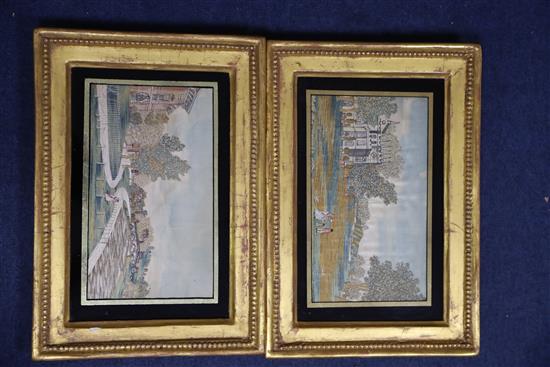 A pair of Regency watercolour and silkwork panels by Atherton of Cambridge depicting Richmond Bridge and Strawberry Hill